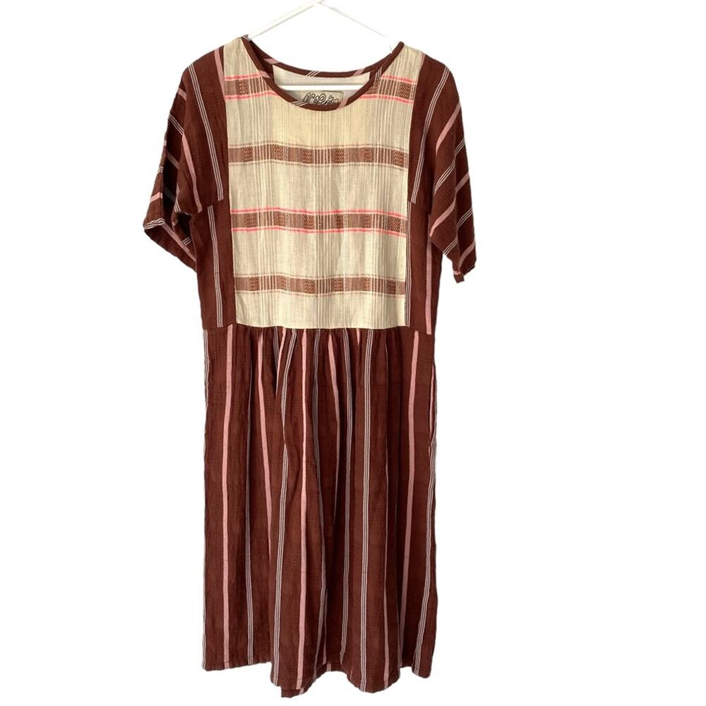 Ace & Jig Brown Cream Pink Stripe Dress with Metallic Accent size small pockets